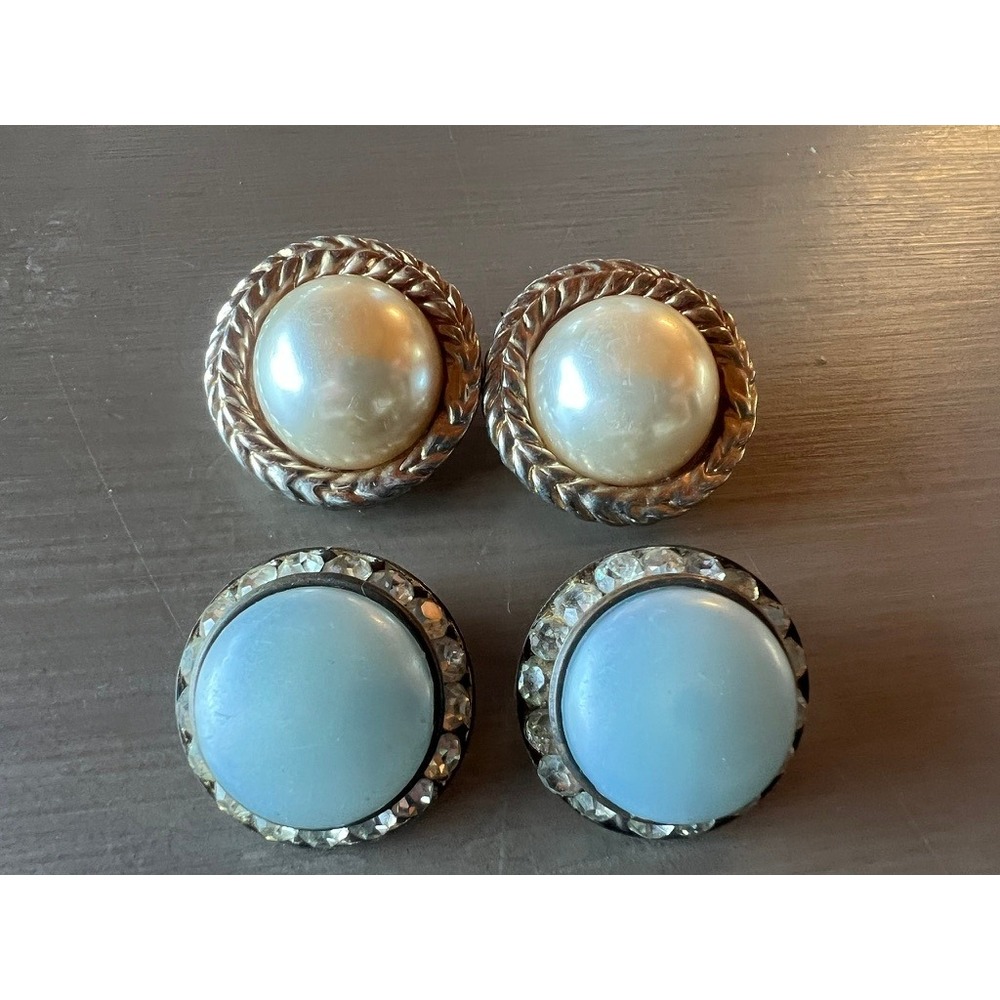Vintage Clip-On Earrings MCM Classic S 2 Pairs Blue Rhinestone Faux Pearl Gol
